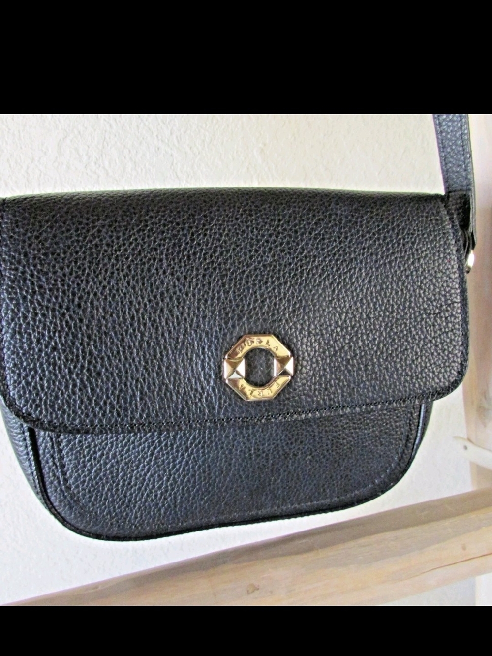 Furla Black Pebbled Leather Crossbody with Gold Octagon Accent Excellent